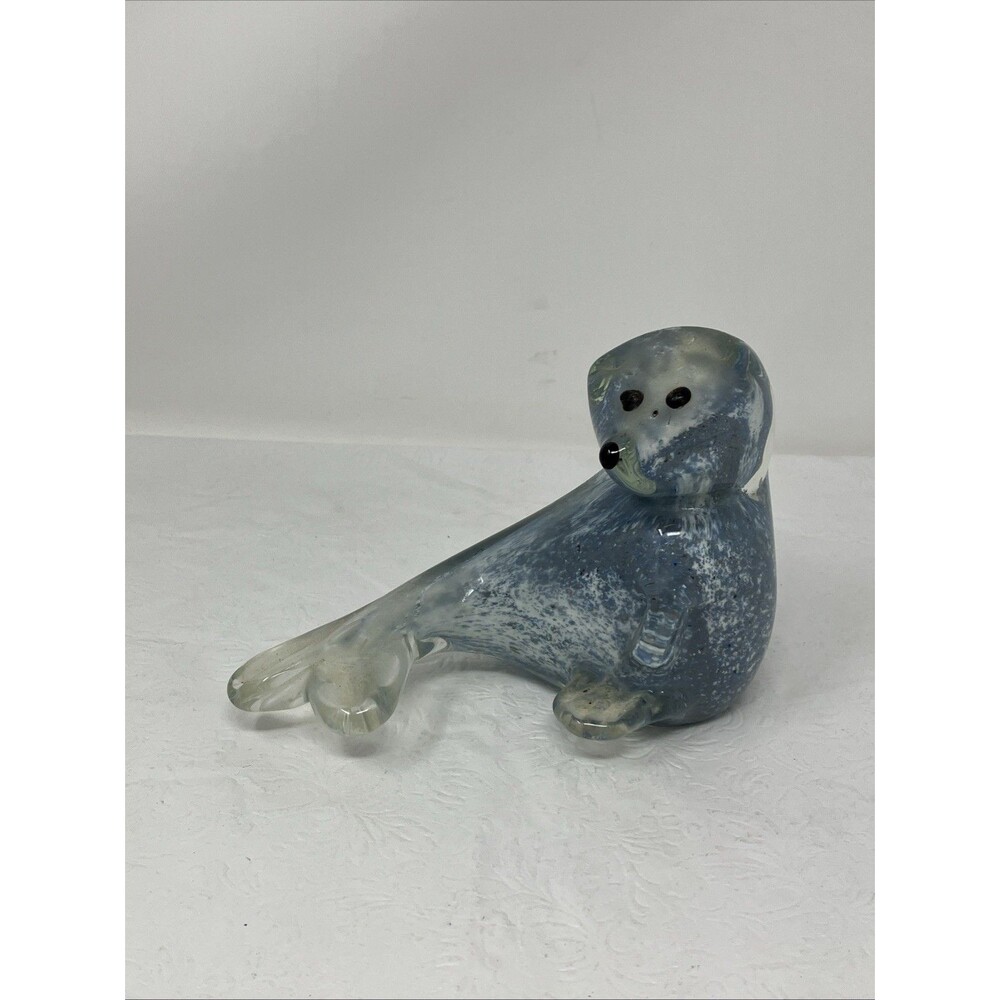 Art Glass Sea Lion Paperweight Handblown Sculpture Nautical Gray White Seal